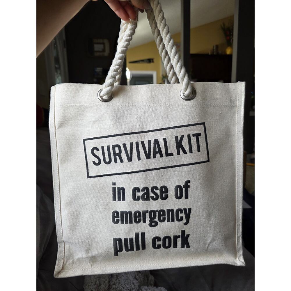 Fun Canvas Six Bottle Wine Tote Bag with Rope Handles Survival Kit In Case Emerg